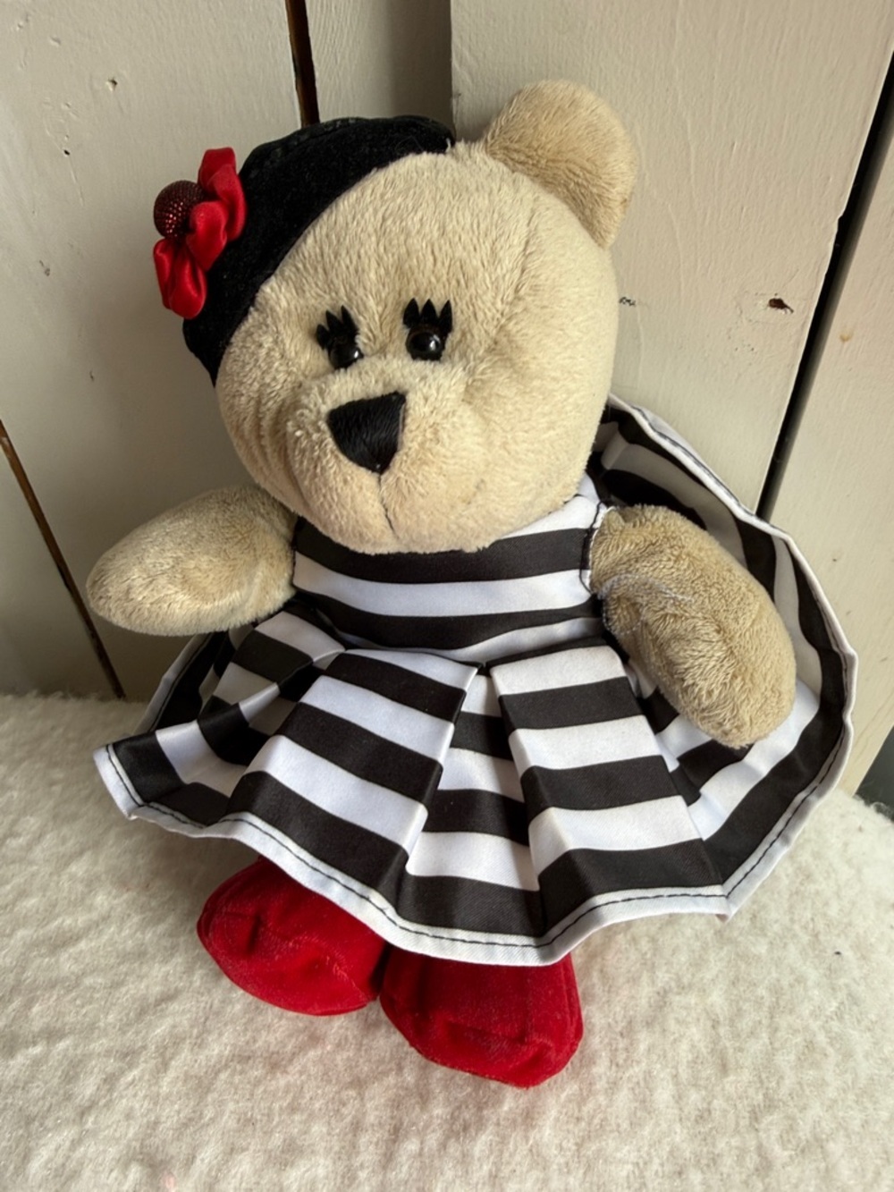 Plush Bear Doll in Black & White Stripe Dress with Red Accents